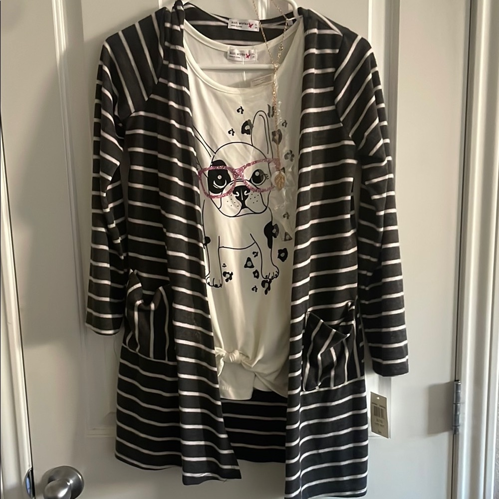 Striped Black and White Cardigan with Dog Print Tee
